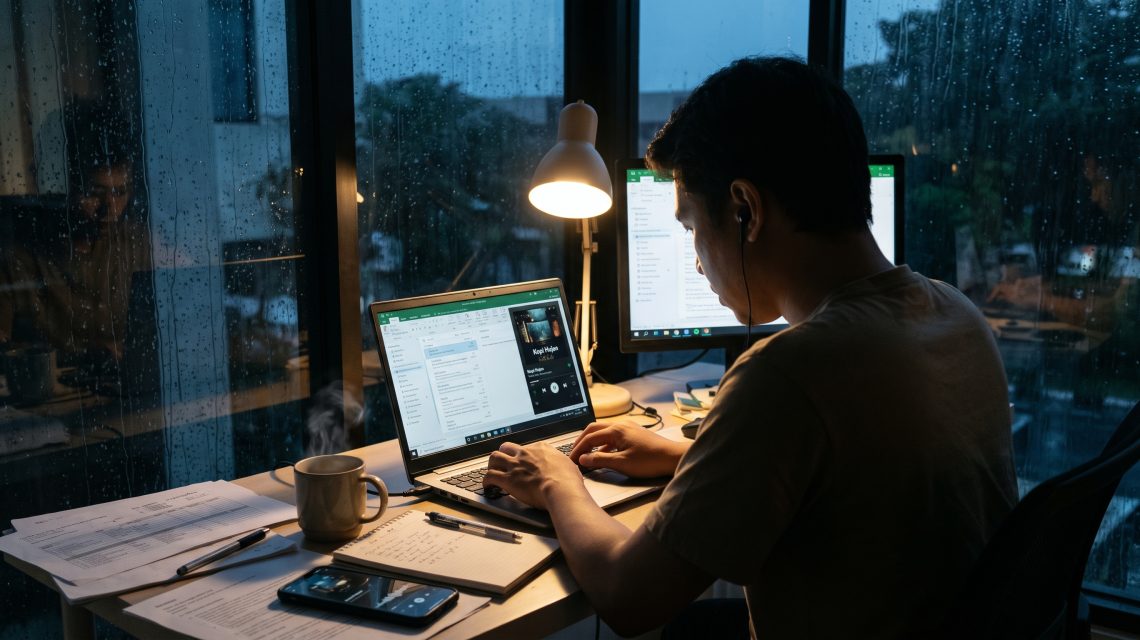 Tren Menikmati Siaran Suara Kedai Kopi Hujan Temaram Sambil Menyelesaikan Tugas Kantor